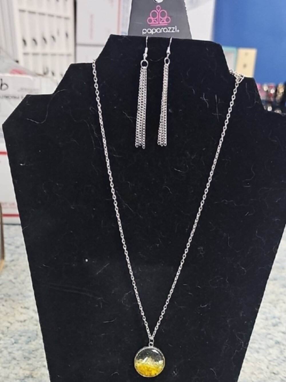 Paparazzi Silver Necklace with Yellow Pendant and Earrings